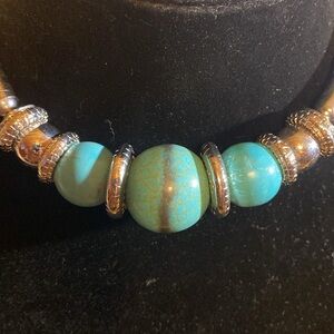 Turquoise Beaded Coil Necklace Silver Tone Southwestern Boho Statement Jewelry